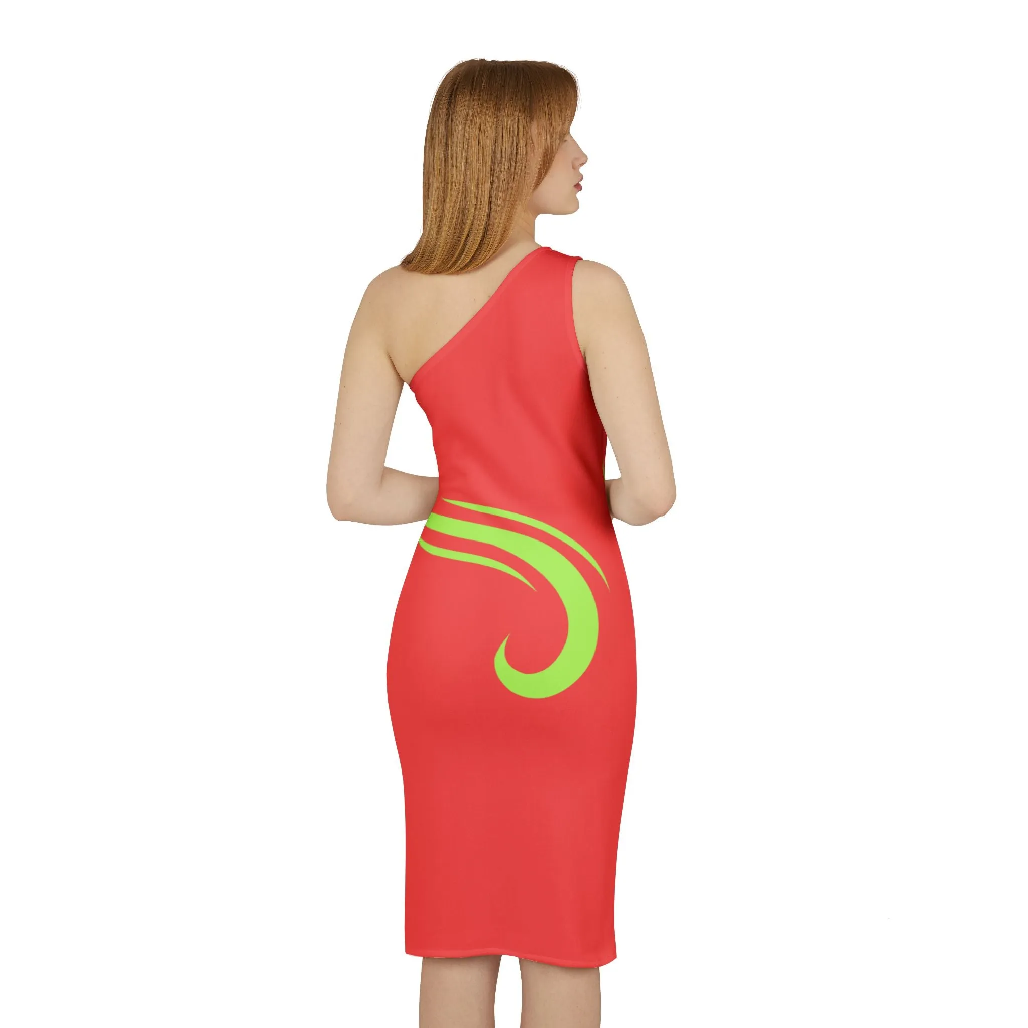 One Shoulder Dress - Red with Bright Green Swirl - New Year's Eve Events - Symbol of Good Fortune