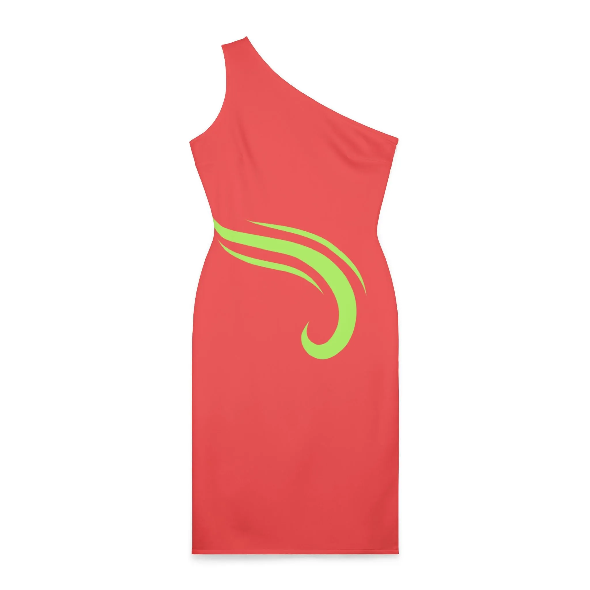 One Shoulder Dress - Red with Bright Green Swirl - New Year's Eve Events - Symbol of Good Fortune