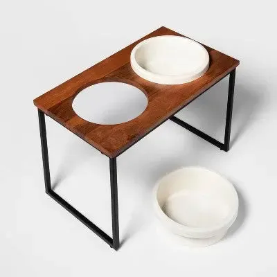 Open Box - Modern Tall Metal Elevated Dog Bowl with Natural Wood Top - Black