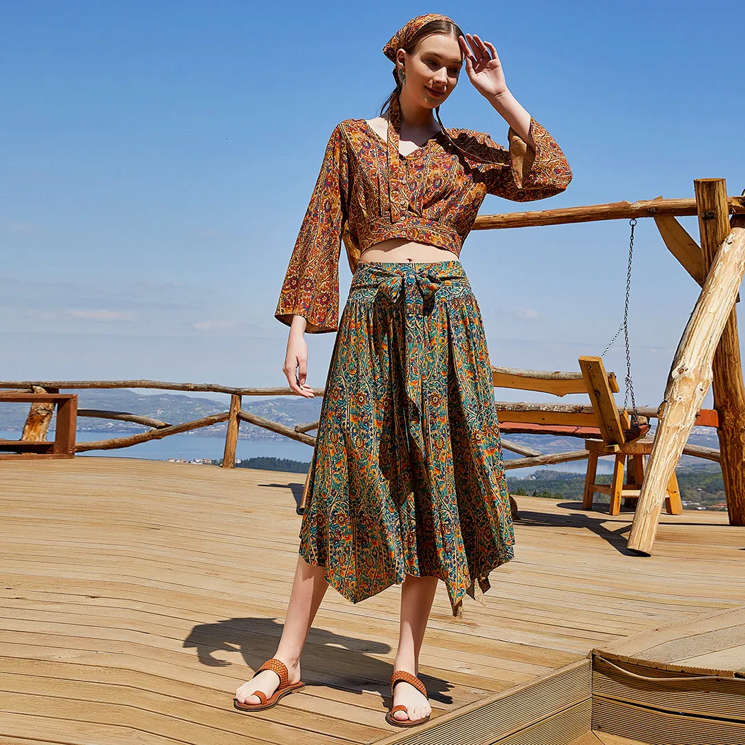 Petrol Pera Asymmetrical Hem Flowy Midi Skirt