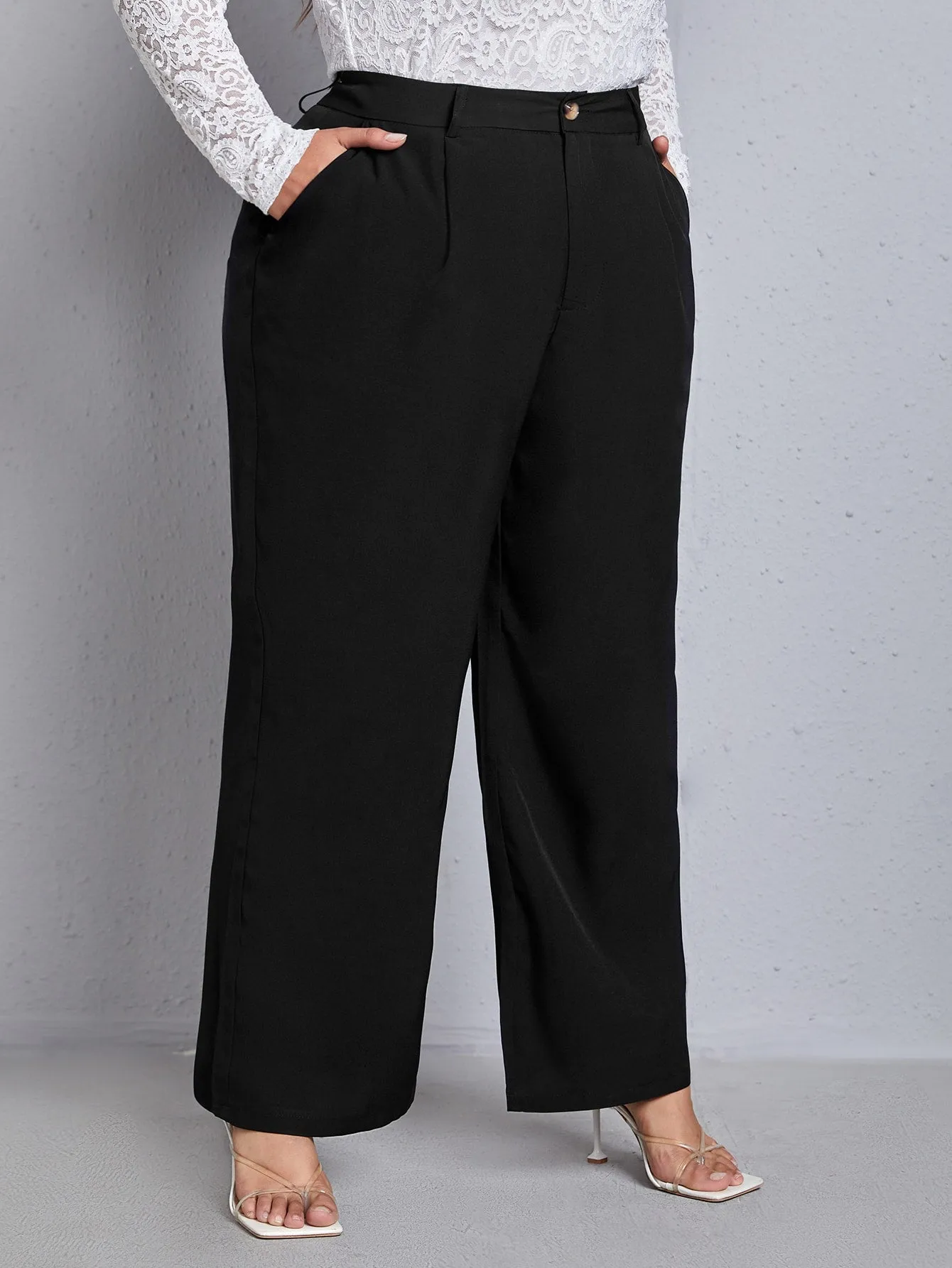 Plain Pocket High Waist Long Plus Size Suit Pants