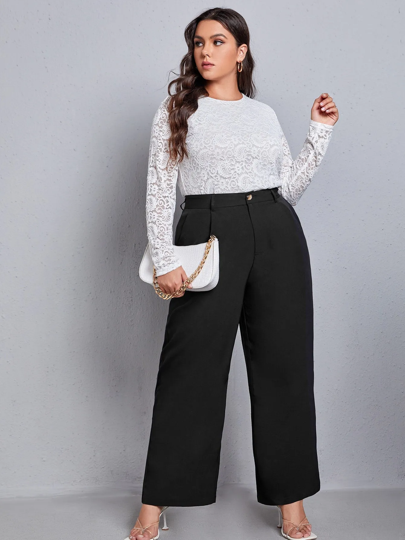 Plain Pocket High Waist Long Plus Size Suit Pants