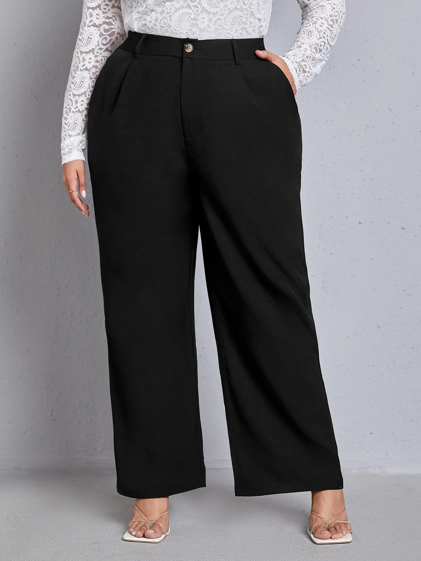 Plain Pocket High Waist Long Plus Size Suit Pants