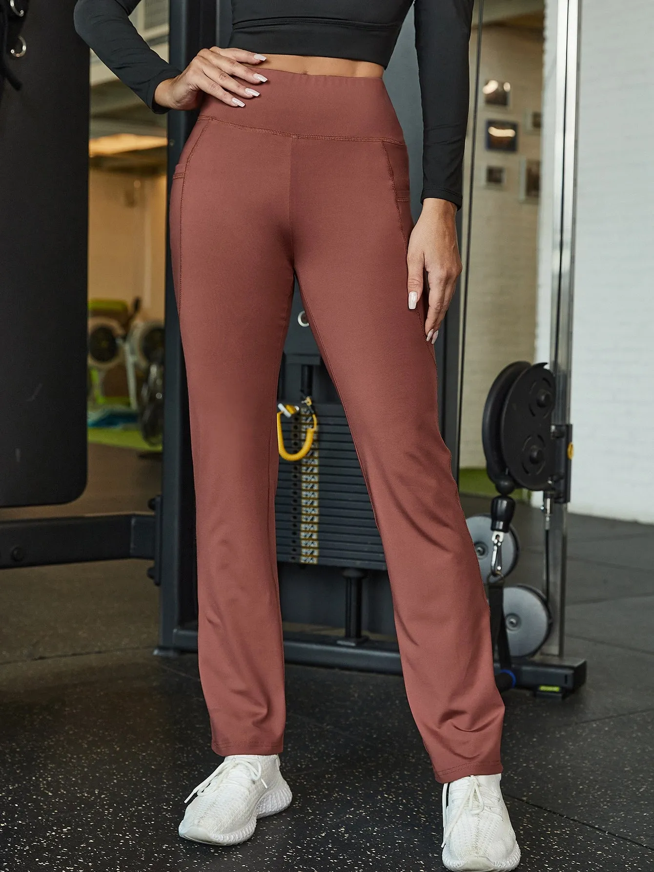 Plain Pocket High Waist Long Women Sports Pants