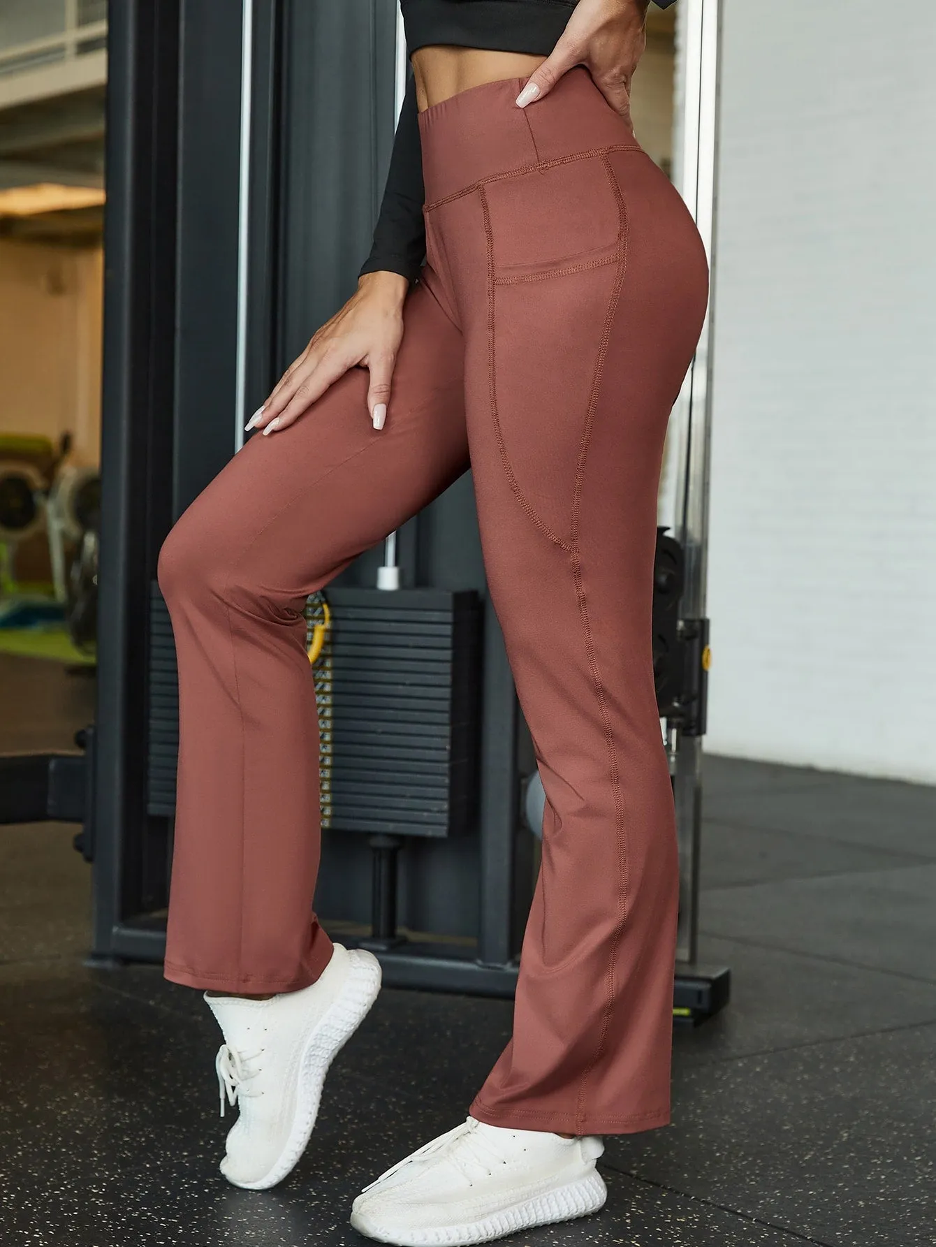 Plain Pocket High Waist Long Women Sports Pants