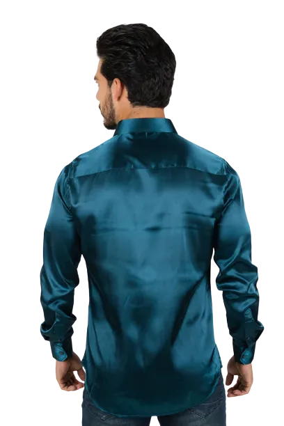 Platini Men's Solid Satin Teal Dress Shirt