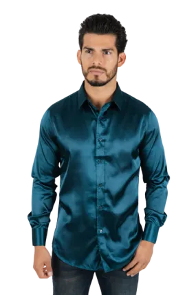 Platini Men's Solid Satin Teal Dress Shirt
