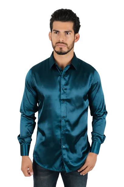 Platini Men's Solid Satin Teal Dress Shirt