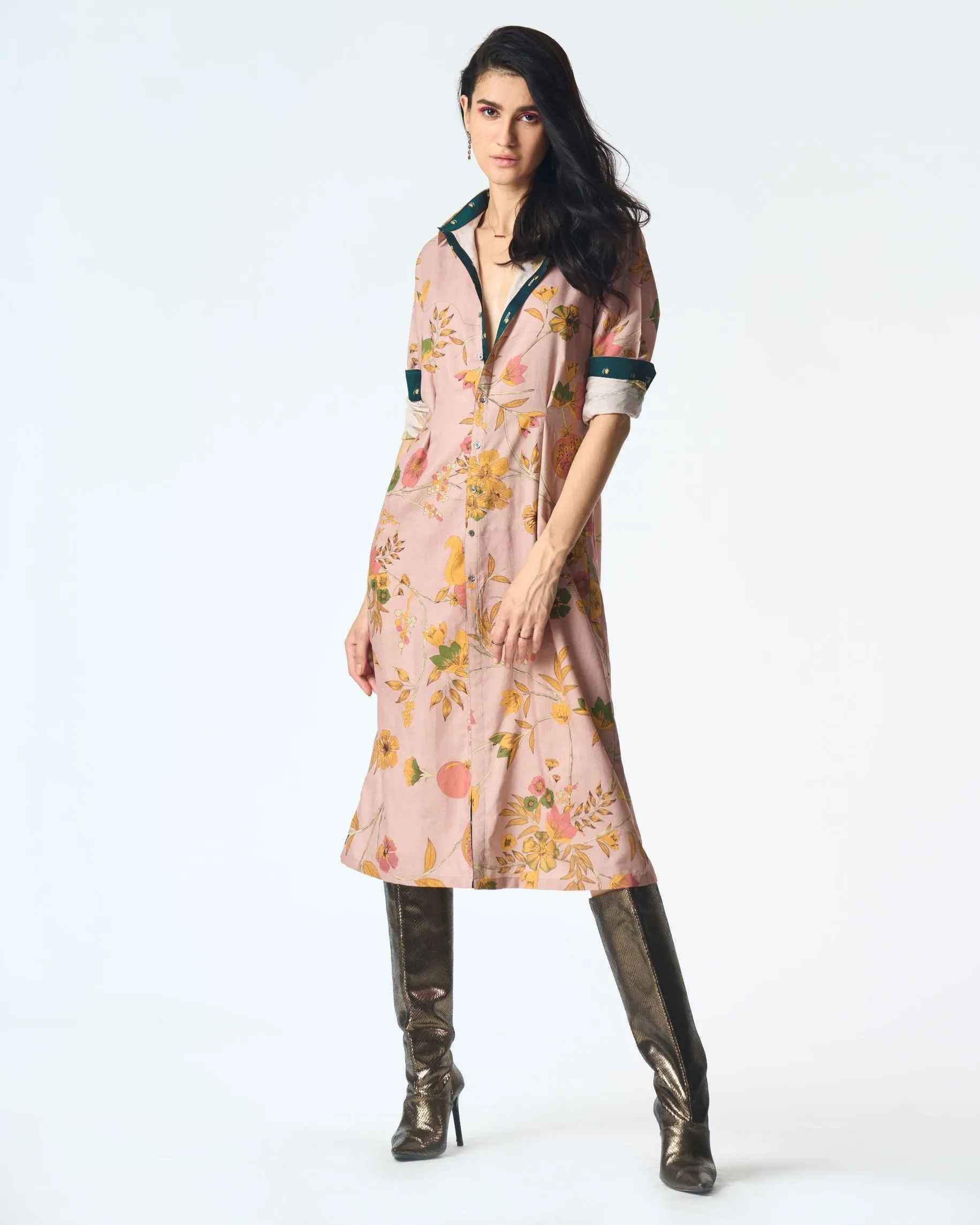 Pleated Dress Muga Satin Champagne Pink