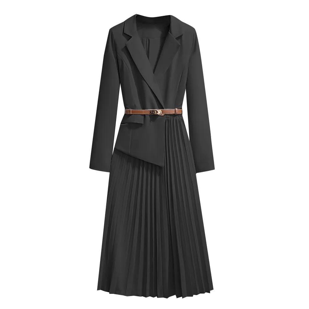 Pleated Minimalist Dresses For Women Notched Collar Long Sleeve Spliced Belt Elegant Dress Female Fashion Style