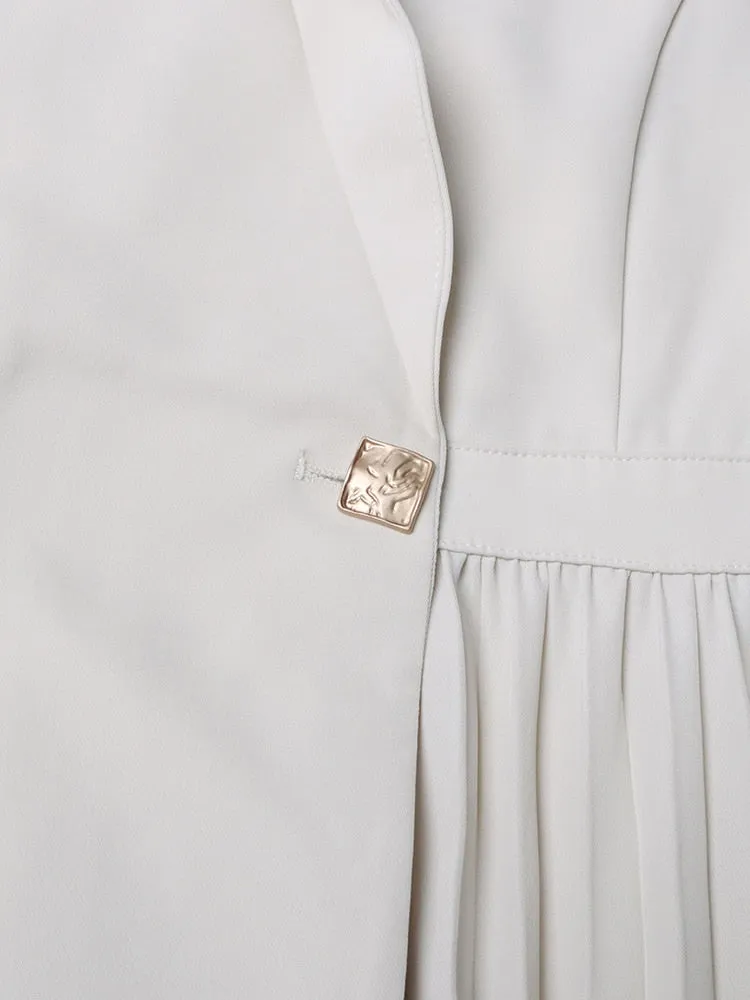 Pleated Minimalist Dresses For Women Notched Collar Long Sleeve Spliced Belt Elegant Dress Female Fashion Style