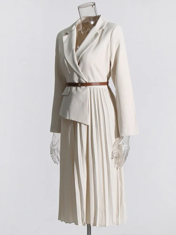 Pleated Minimalist Dresses For Women Notched Collar Long Sleeve Spliced Belt Elegant Dress Female Fashion Style