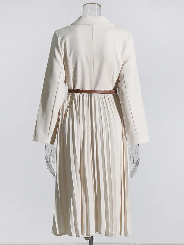 Pleated Minimalist Dresses For Women Notched Collar Long Sleeve Spliced Belt Elegant Dress Female Fashion Style