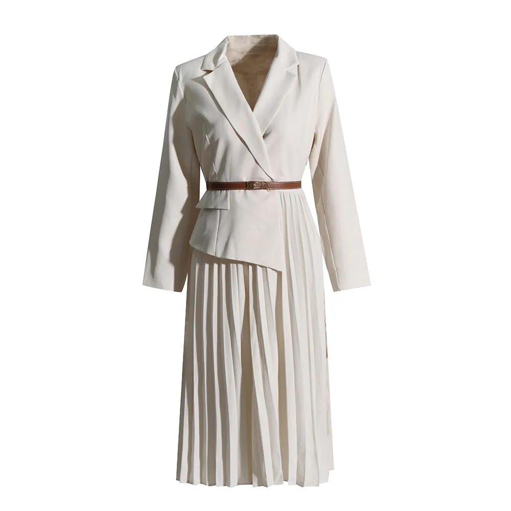 Pleated Minimalist Dresses For Women Notched Collar Long Sleeve Spliced Belt Elegant Dress Female Fashion Style