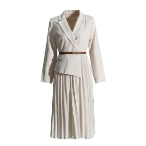 Pleated Minimalist Dresses For Women Notched Collar Long Sleeve Spliced Belt Elegant Dress Female Fashion Style