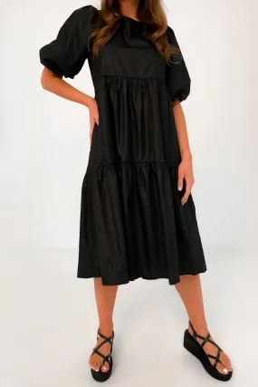 Puff Sleeved Black Ruffle Midi Dress