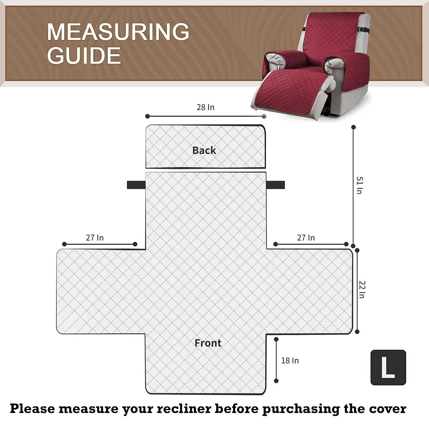 Quilted Recliner Chair Cover With Side Pockets for 1 Seater Sofa, Burgundy