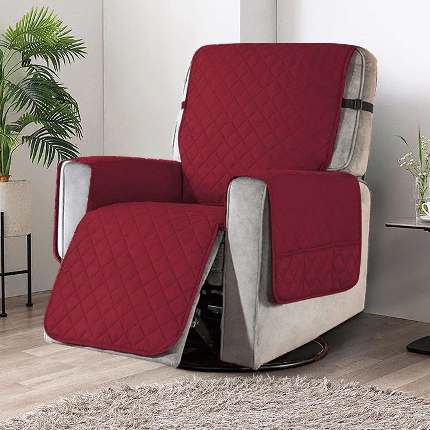Quilted Recliner Chair Cover With Side Pockets for 1 Seater Sofa, Burgundy