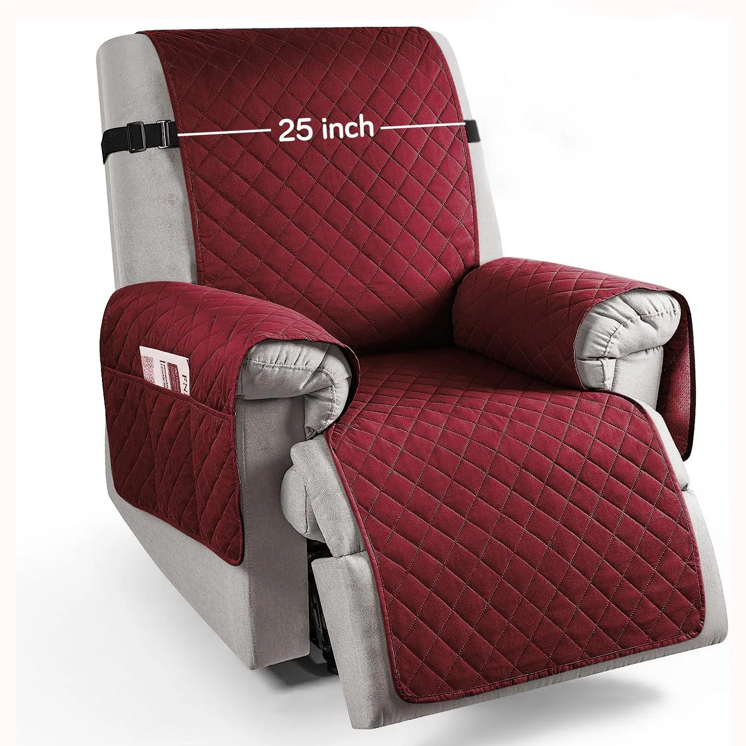Quilted Recliner Chair Cover With Side Pockets for 1 Seater Sofa, Burgundy