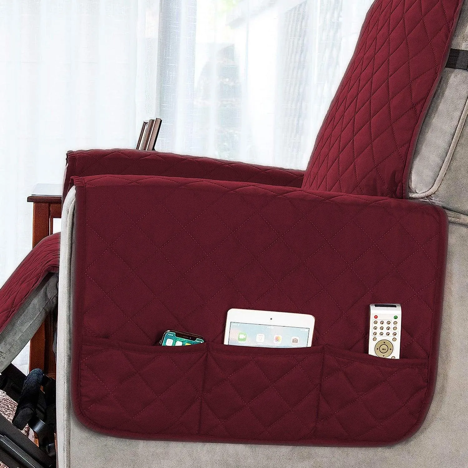 Quilted Recliner Chair Cover With Side Pockets for 1 Seater Sofa, Burgundy