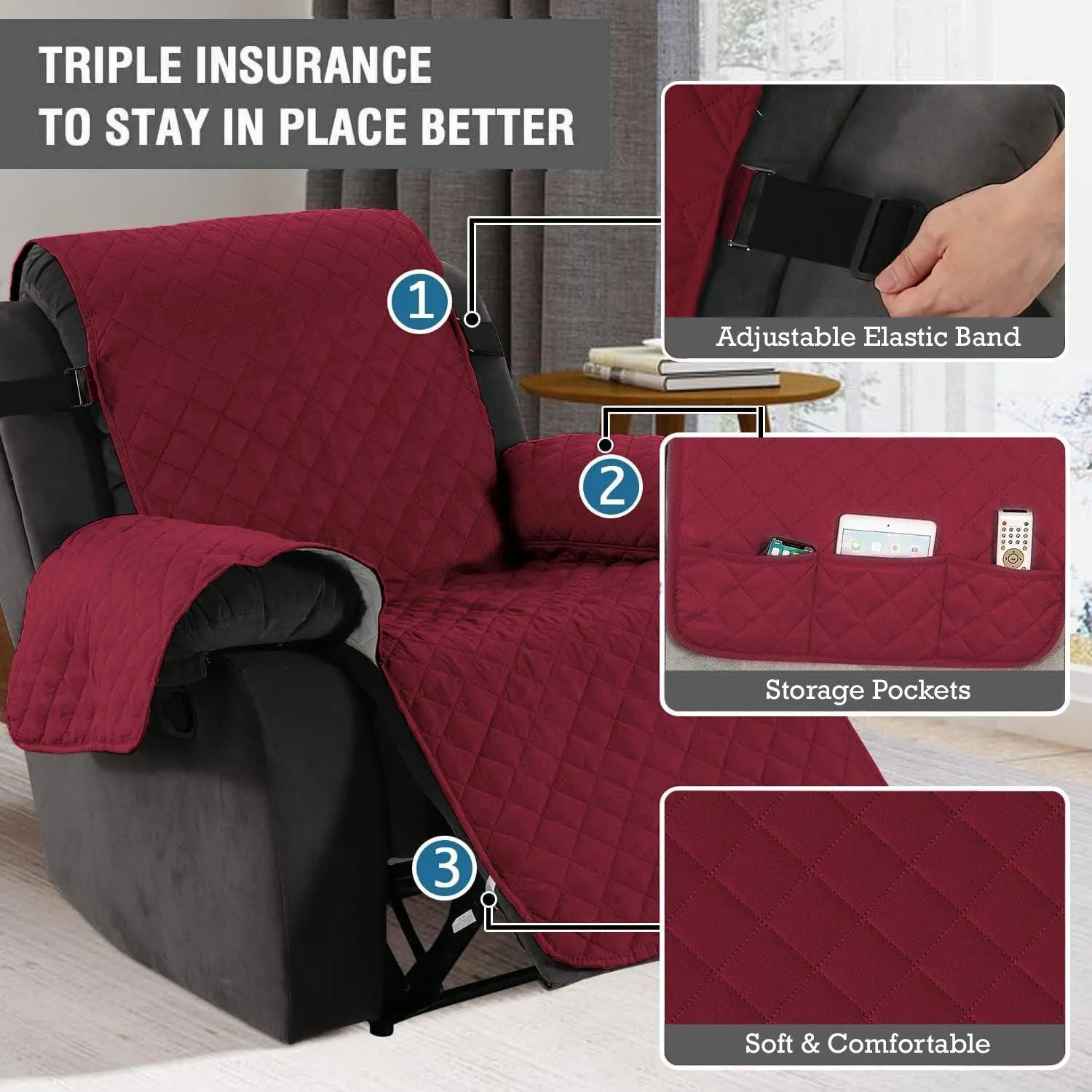Quilted Recliner Chair Cover With Side Pockets for 1 Seater Sofa, Burgundy
