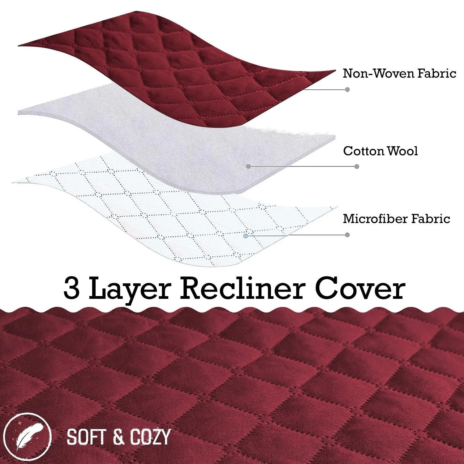 Quilted Recliner Chair Cover With Side Pockets for 1 Seater Sofa, Burgundy