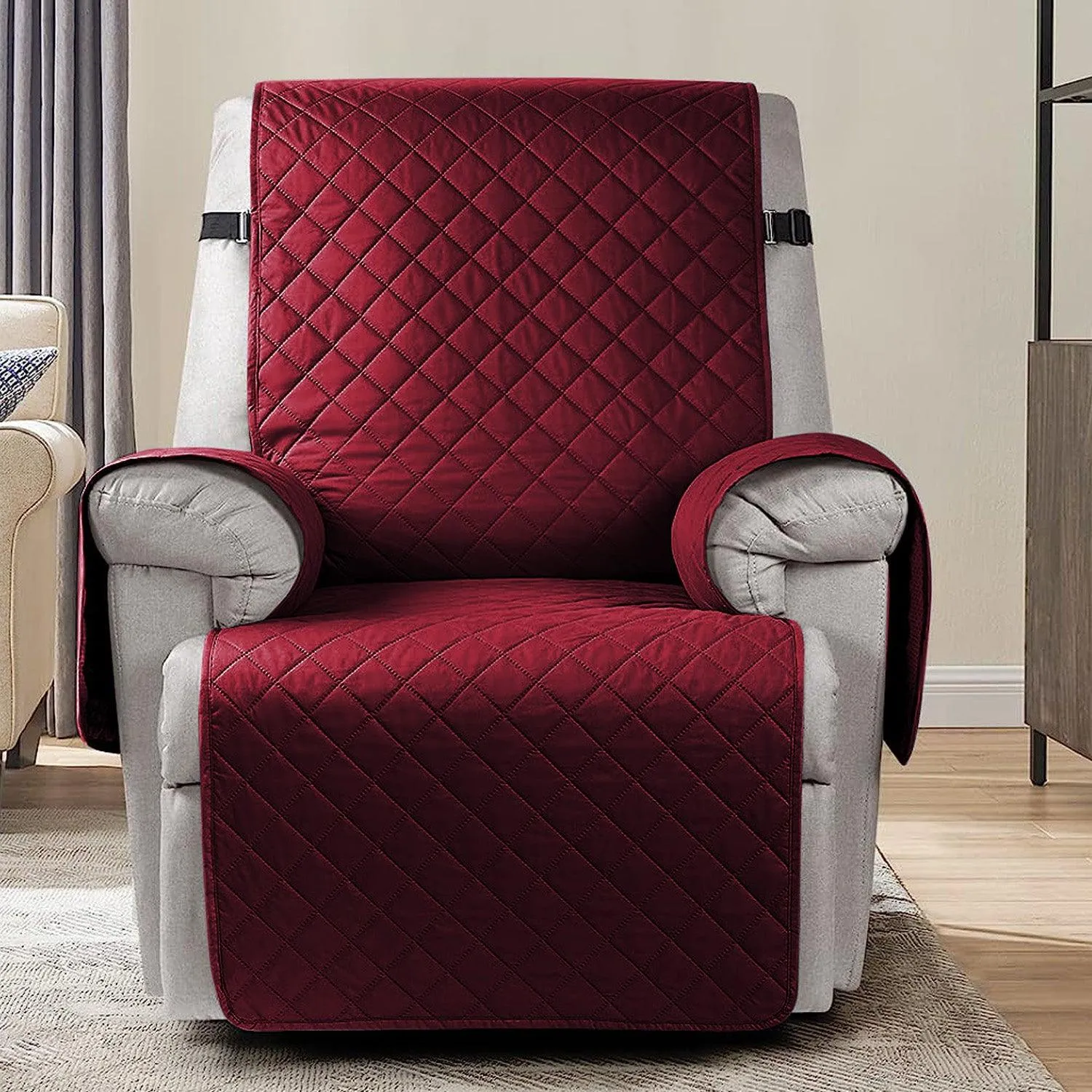Quilted Recliner Chair Cover With Side Pockets for 1 Seater Sofa, Burgundy