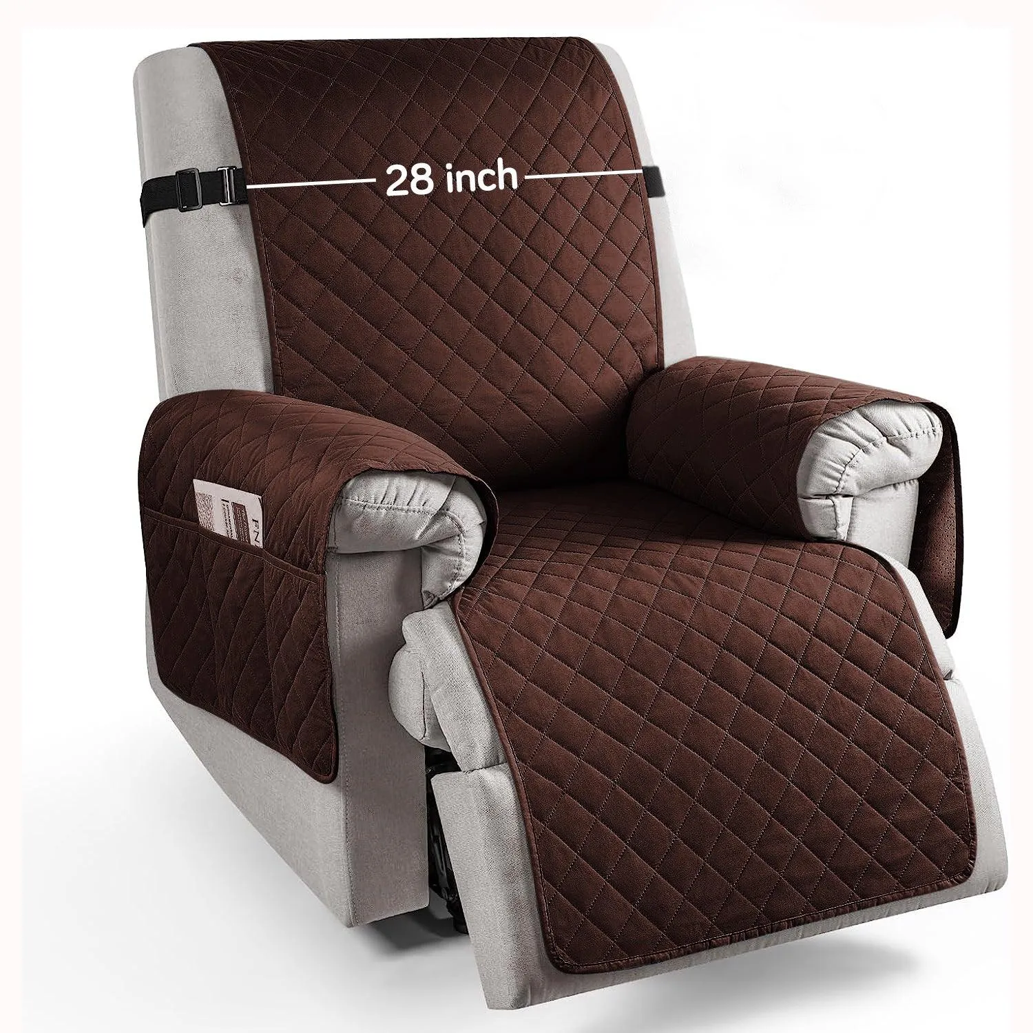 Quilted Recliner Chair Cover With Side Pockets for 1 Seater Sofa, Dark Brown