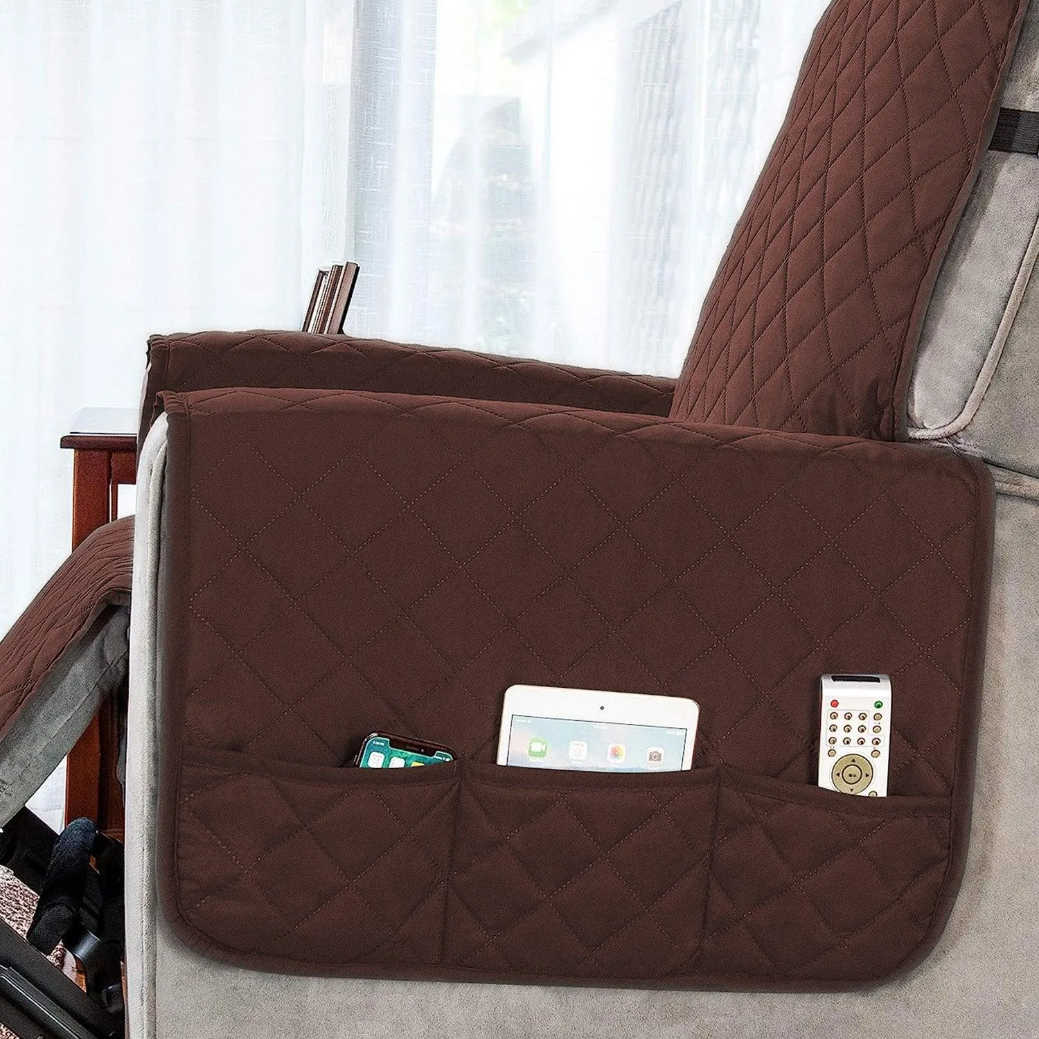 Quilted Recliner Chair Cover With Side Pockets for 1 Seater Sofa, Dark Brown