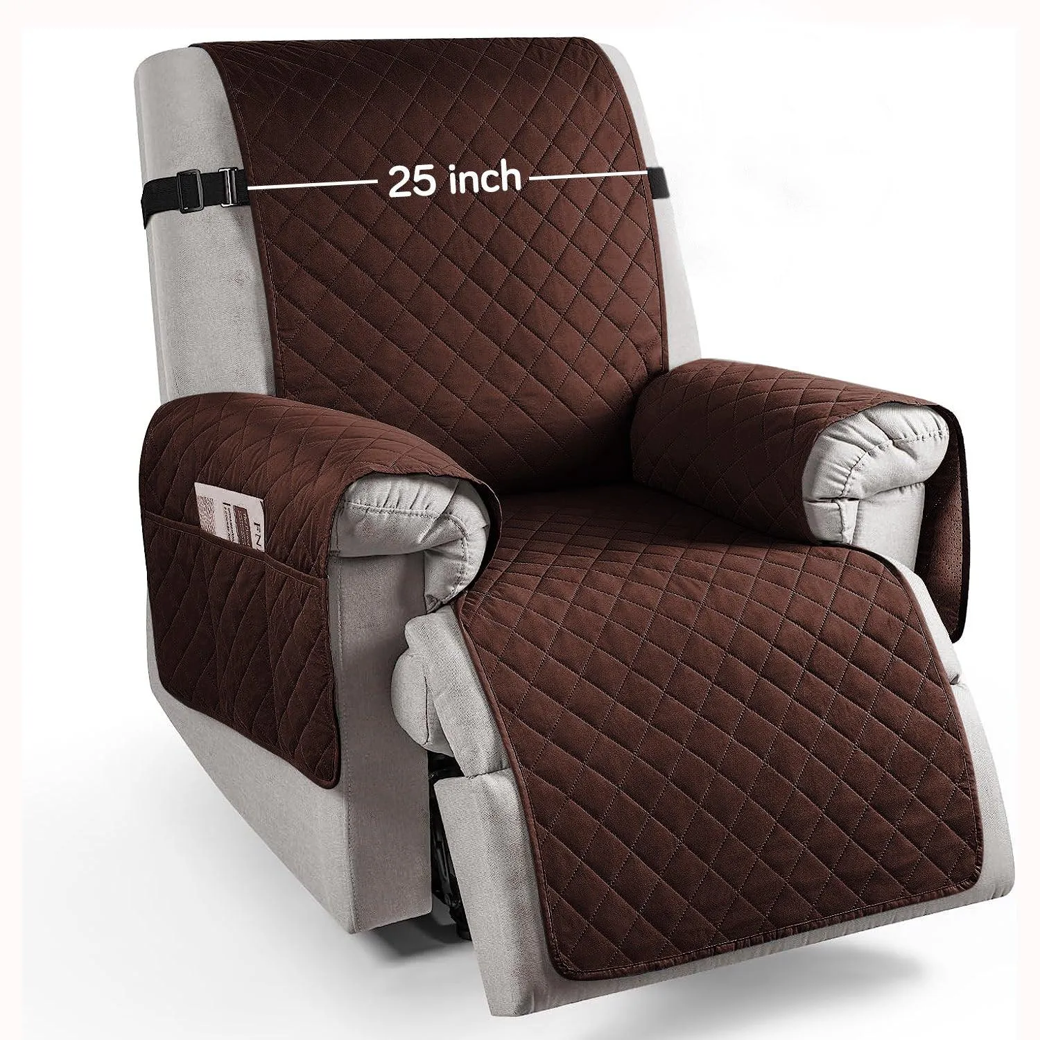 Quilted Recliner Chair Cover With Side Pockets for 1 Seater Sofa, Dark Brown