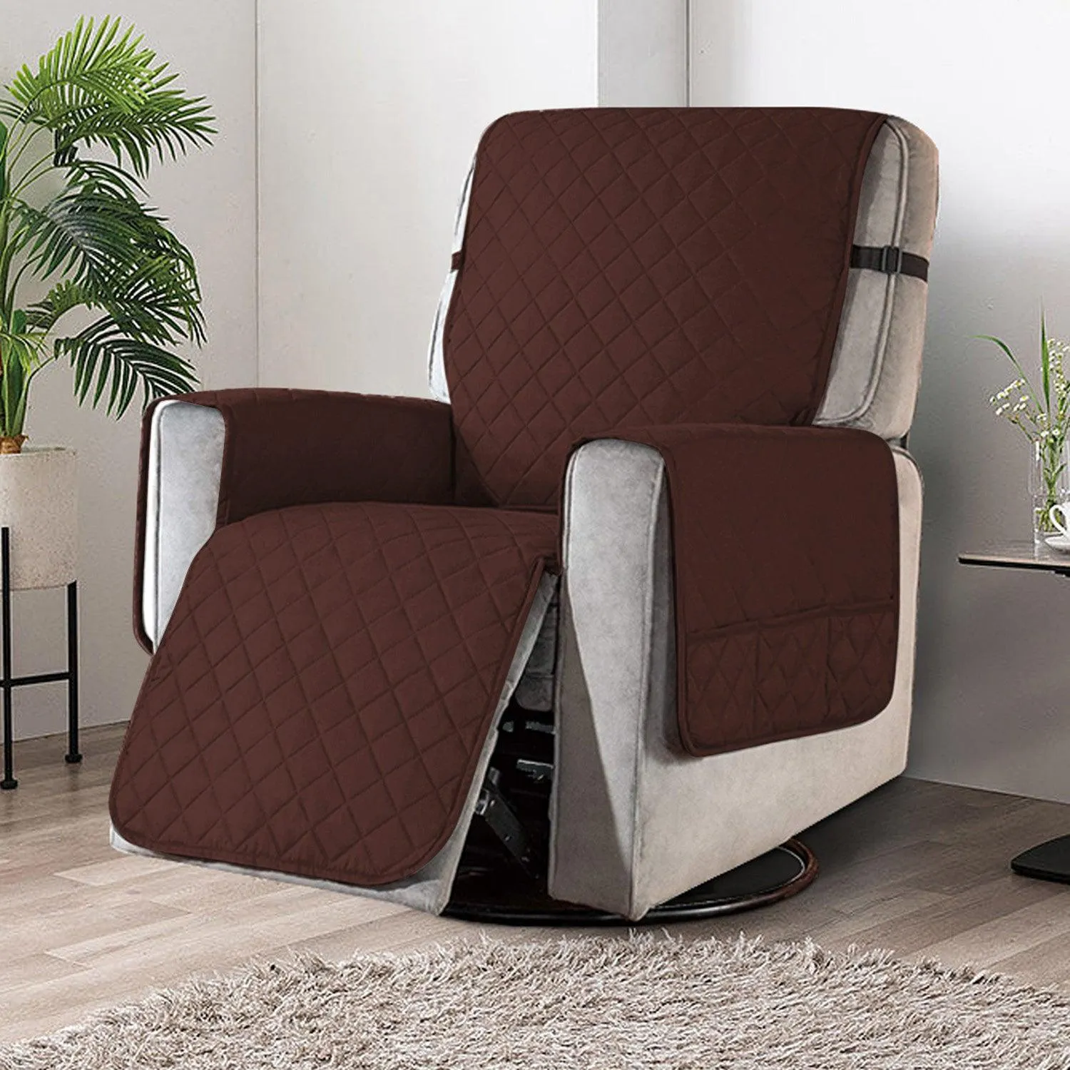 Quilted Recliner Chair Cover With Side Pockets for 1 Seater Sofa, Dark Brown