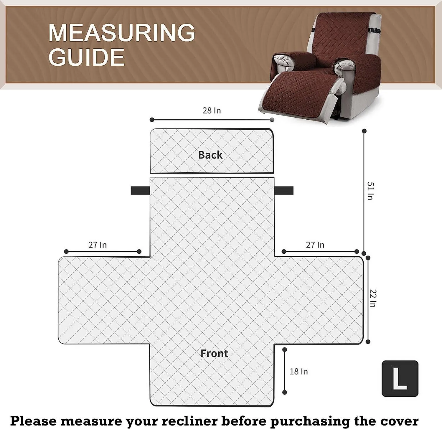 Quilted Recliner Chair Cover With Side Pockets for 1 Seater Sofa, Dark Brown