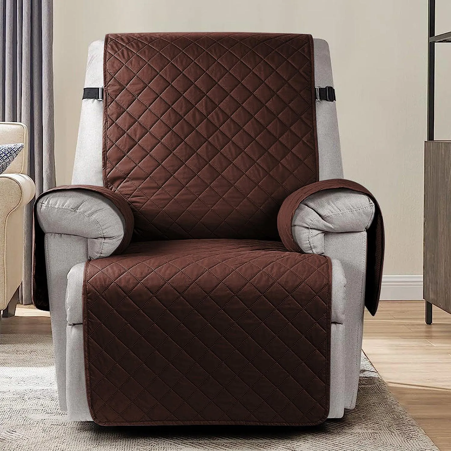 Quilted Recliner Chair Cover With Side Pockets for 1 Seater Sofa, Dark Brown
