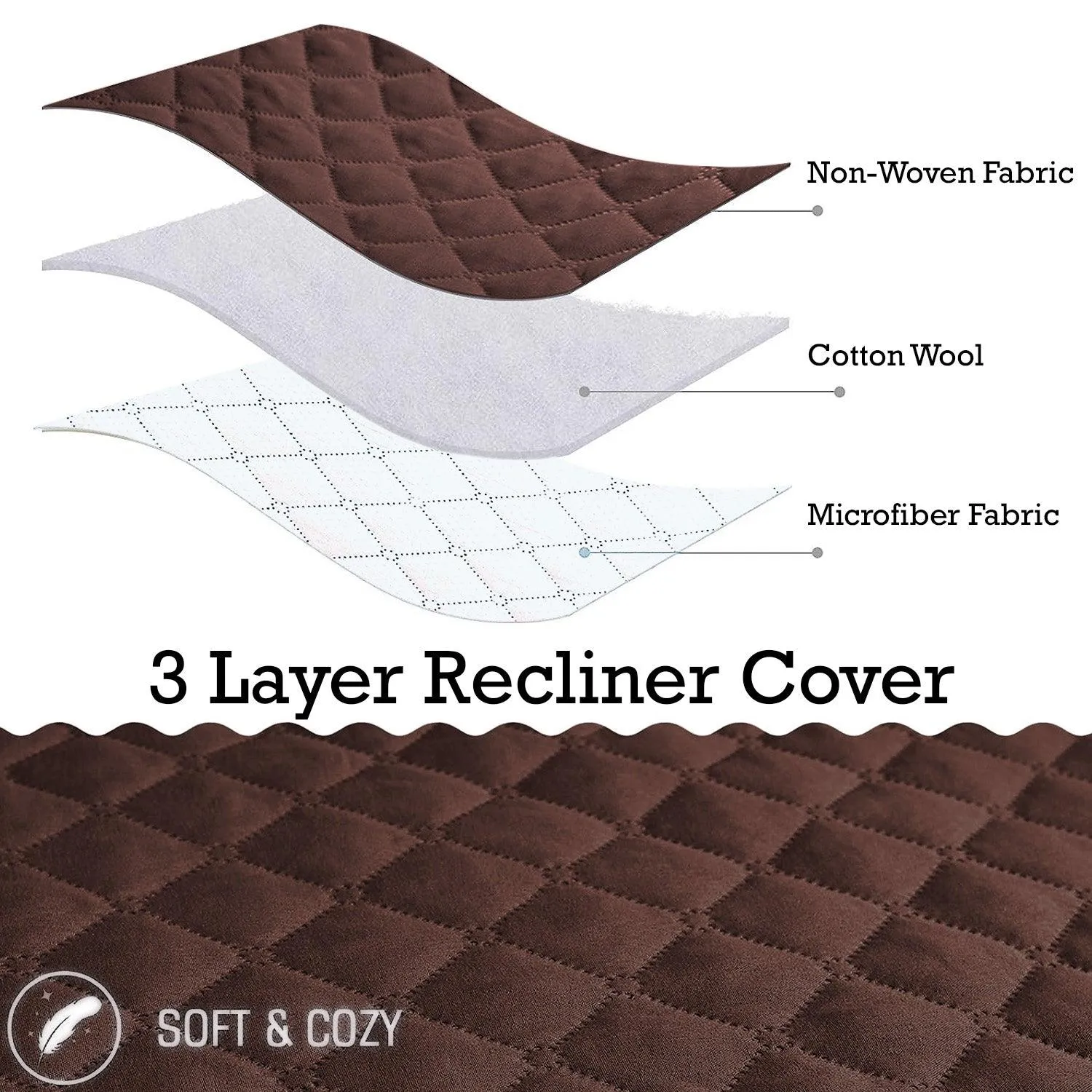 Quilted Recliner Chair Cover With Side Pockets for 1 Seater Sofa, Dark Brown