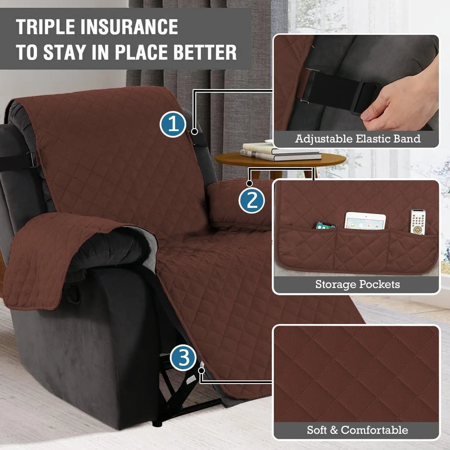 Quilted Recliner Chair Cover With Side Pockets for 1 Seater Sofa, Dark Brown
