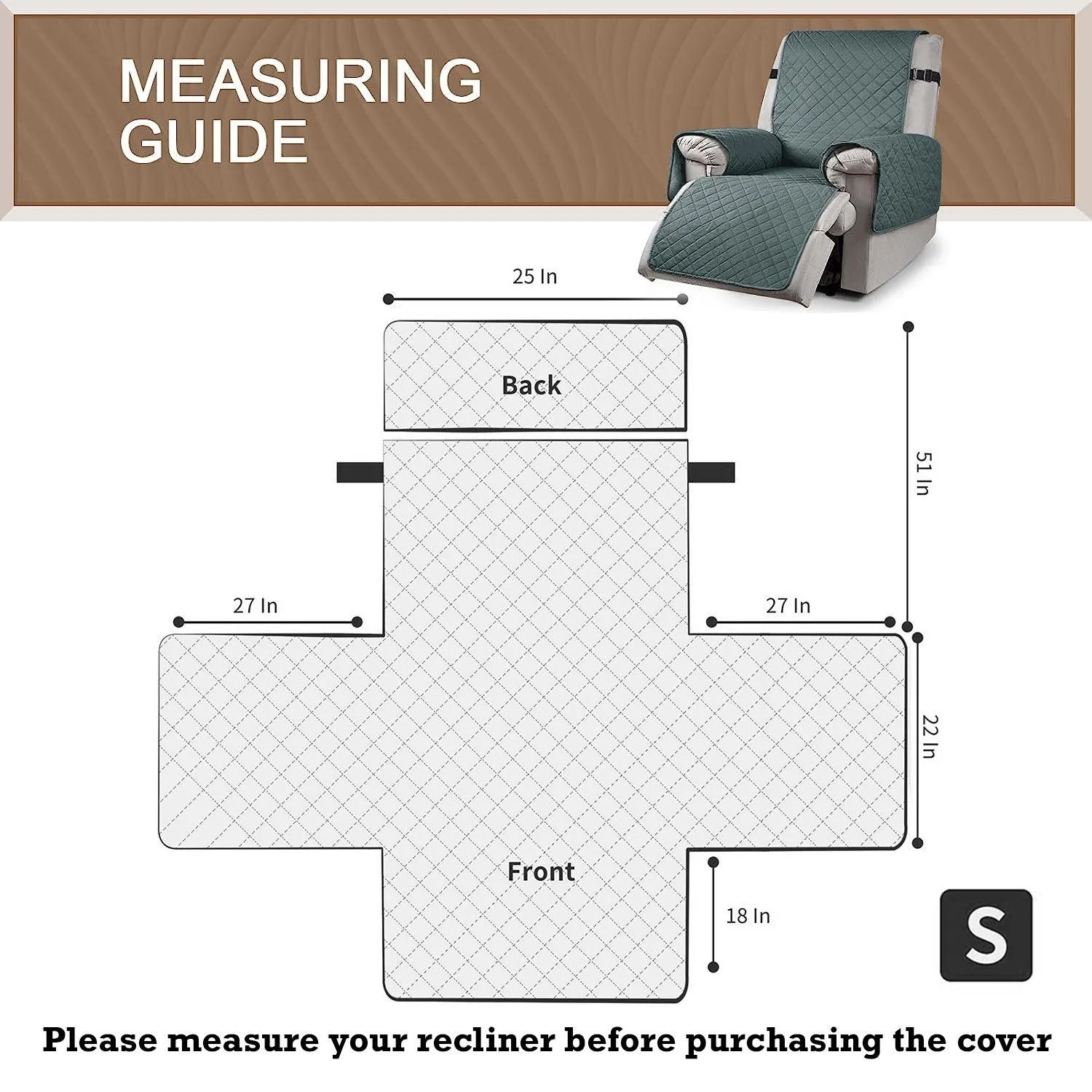Quilted Recliner Chair Cover With Side Pockets for 1 Seater Sofa, Dark Grey