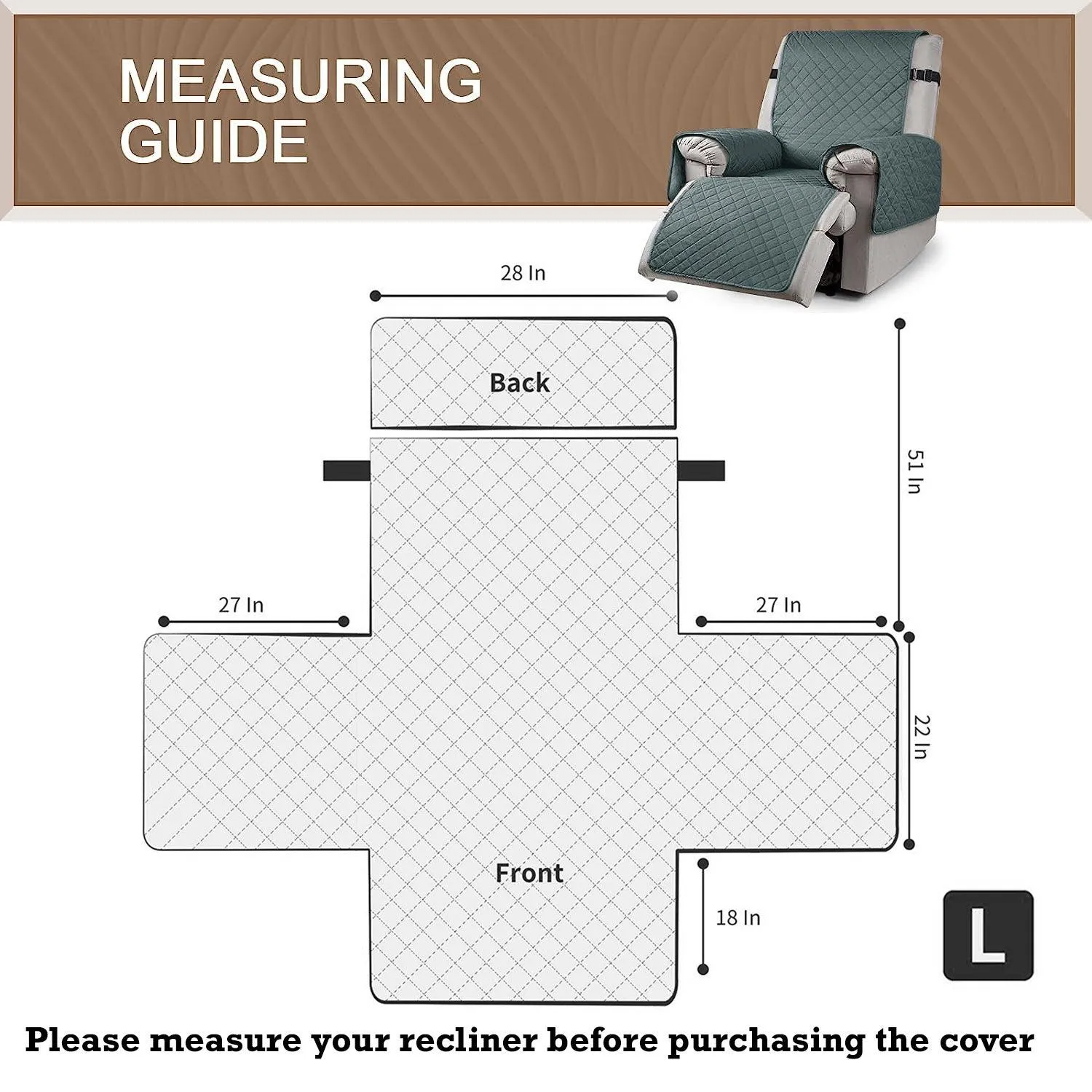 Quilted Recliner Chair Cover With Side Pockets for 1 Seater Sofa, Dark Grey