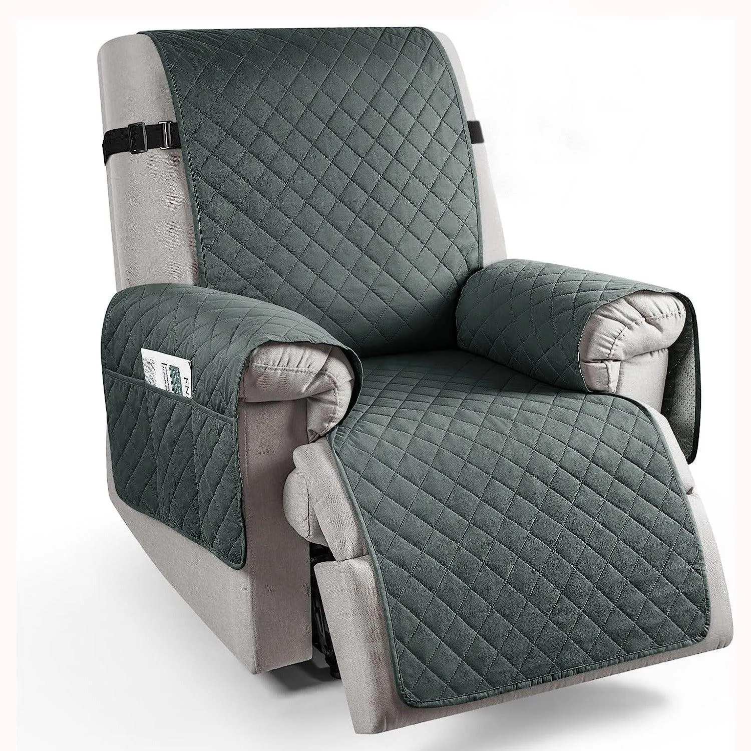 Quilted Recliner Chair Cover With Side Pockets for 1 Seater Sofa, Dark Grey