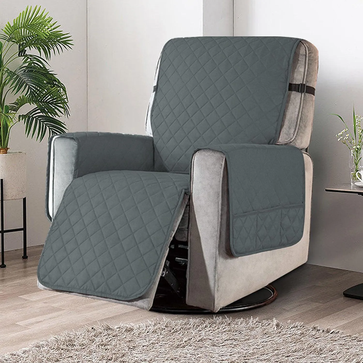Quilted Recliner Chair Cover With Side Pockets for 1 Seater Sofa, Dark Grey