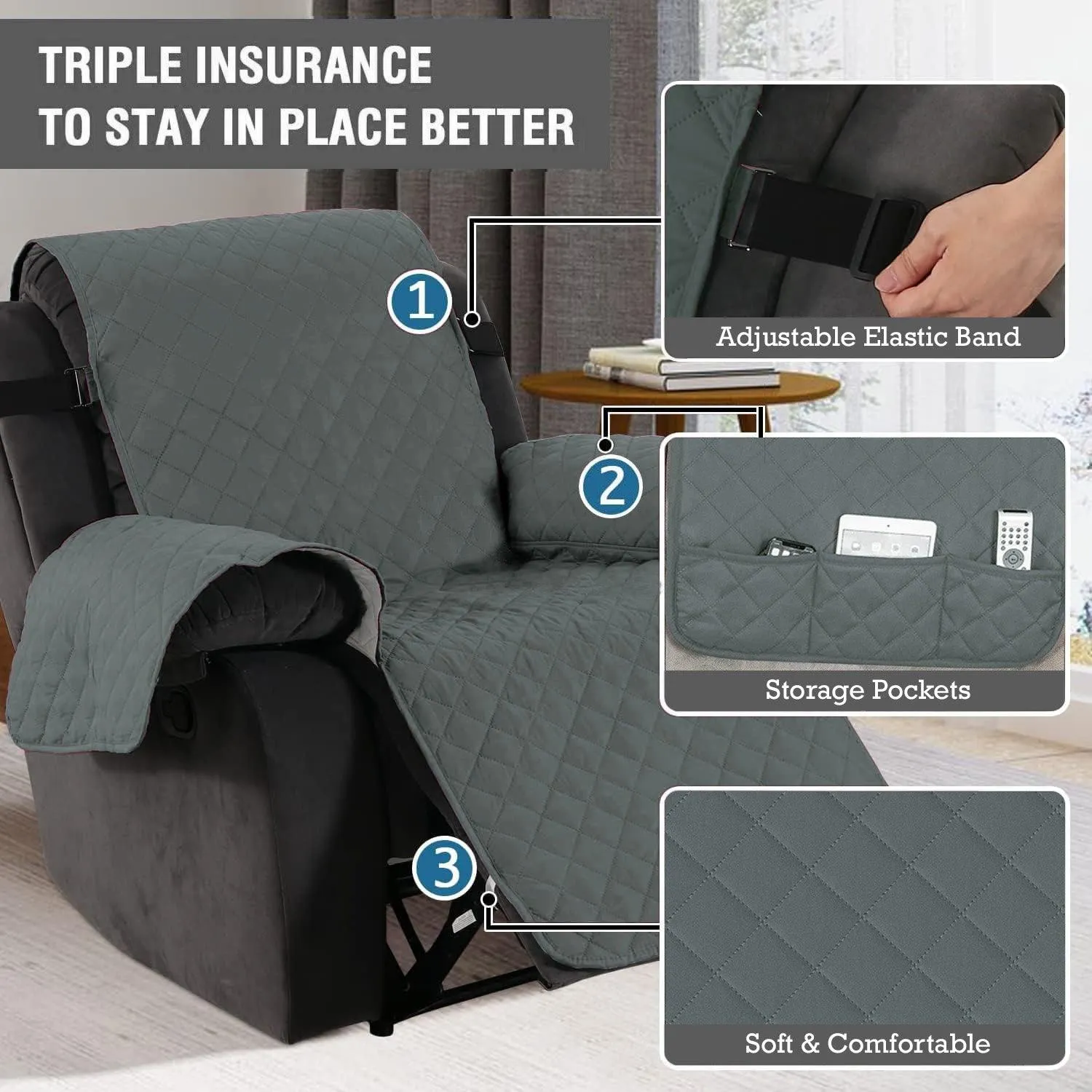 Quilted Recliner Chair Cover With Side Pockets for 1 Seater Sofa, Dark Grey
