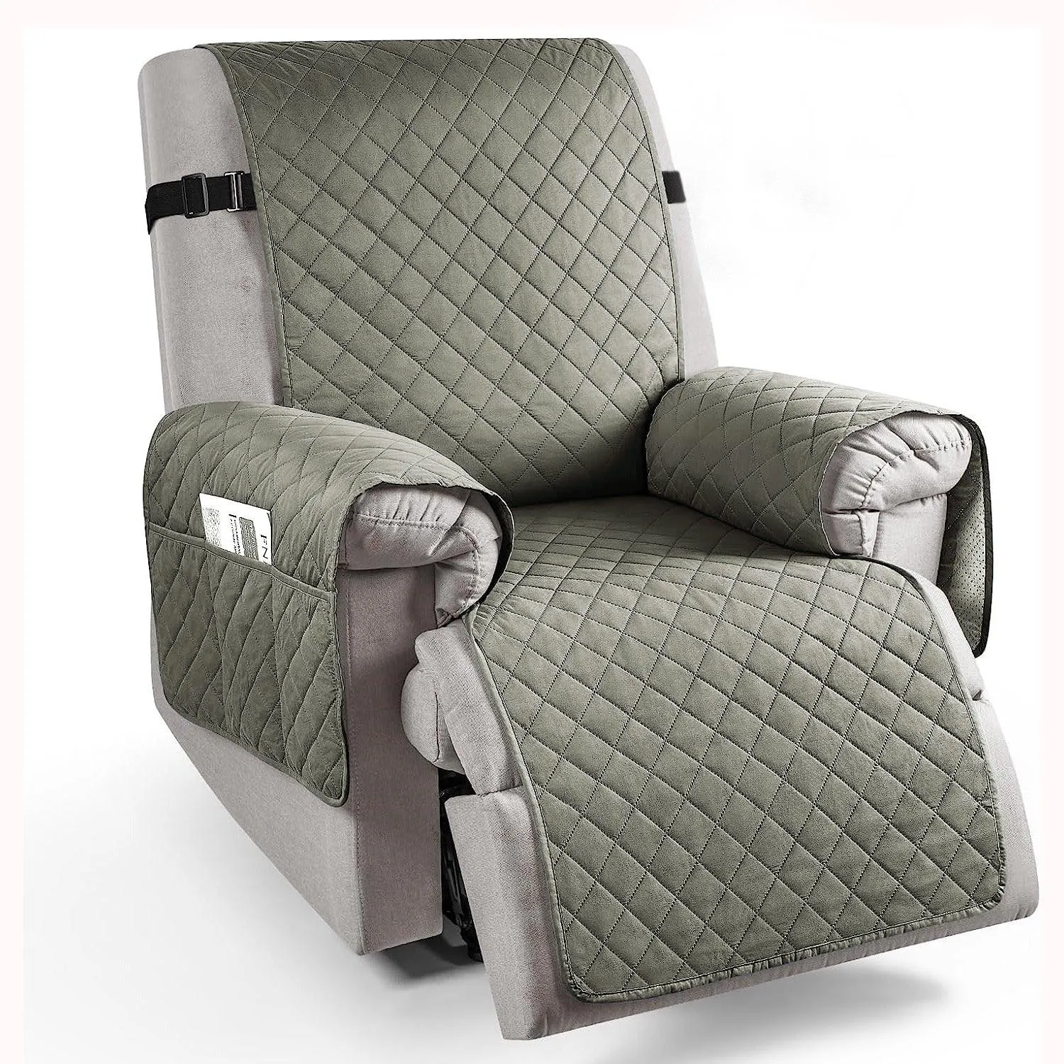 Quilted Recliner Chair Cover With Side Pockets for 1 Seater Sofa, Light Grey