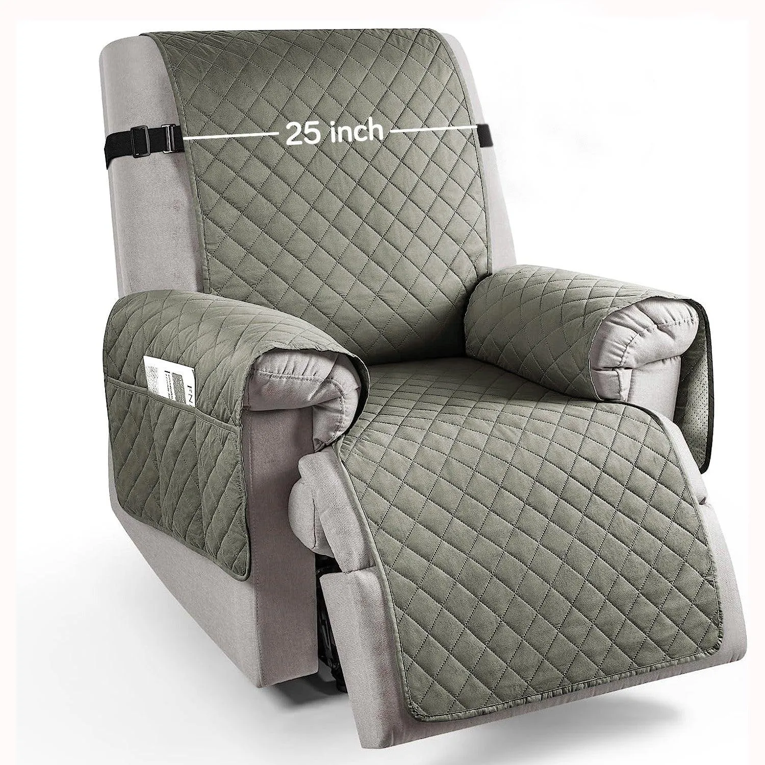 Quilted Recliner Chair Cover With Side Pockets for 1 Seater Sofa, Light Grey