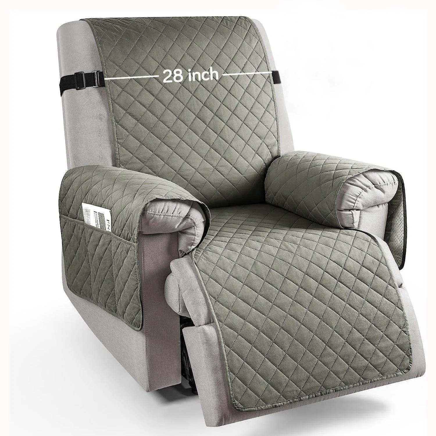 Quilted Recliner Chair Cover With Side Pockets for 1 Seater Sofa, Light Grey