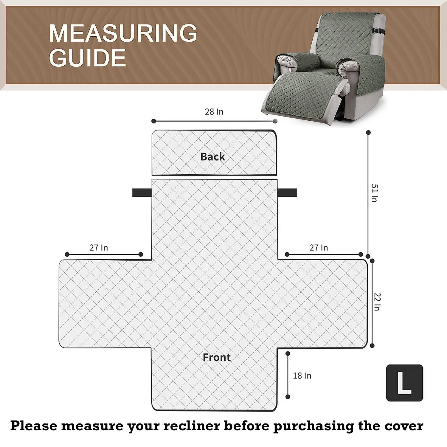 Quilted Recliner Chair Cover With Side Pockets for 1 Seater Sofa, Light Grey