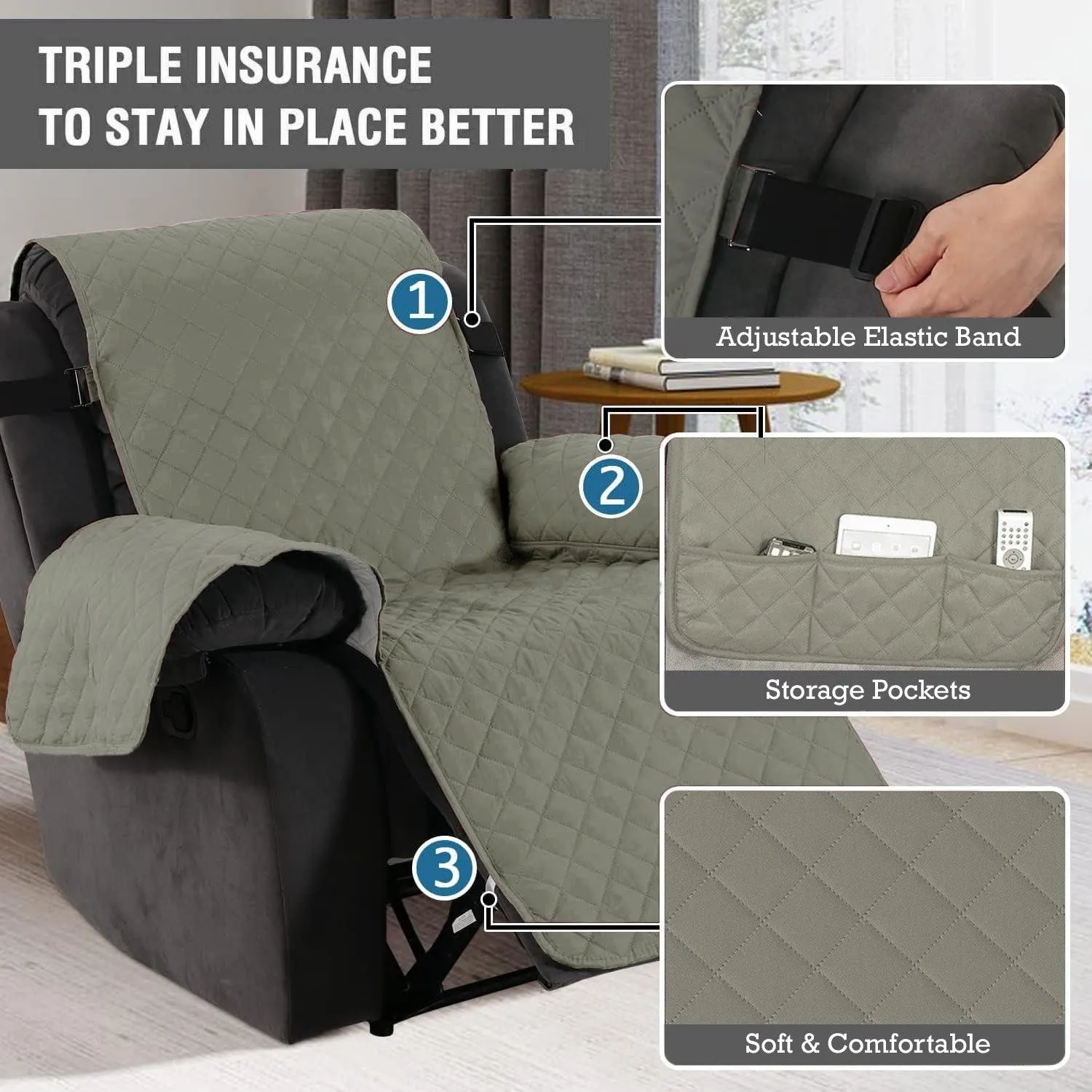 Quilted Recliner Chair Cover With Side Pockets for 1 Seater Sofa, Light Grey