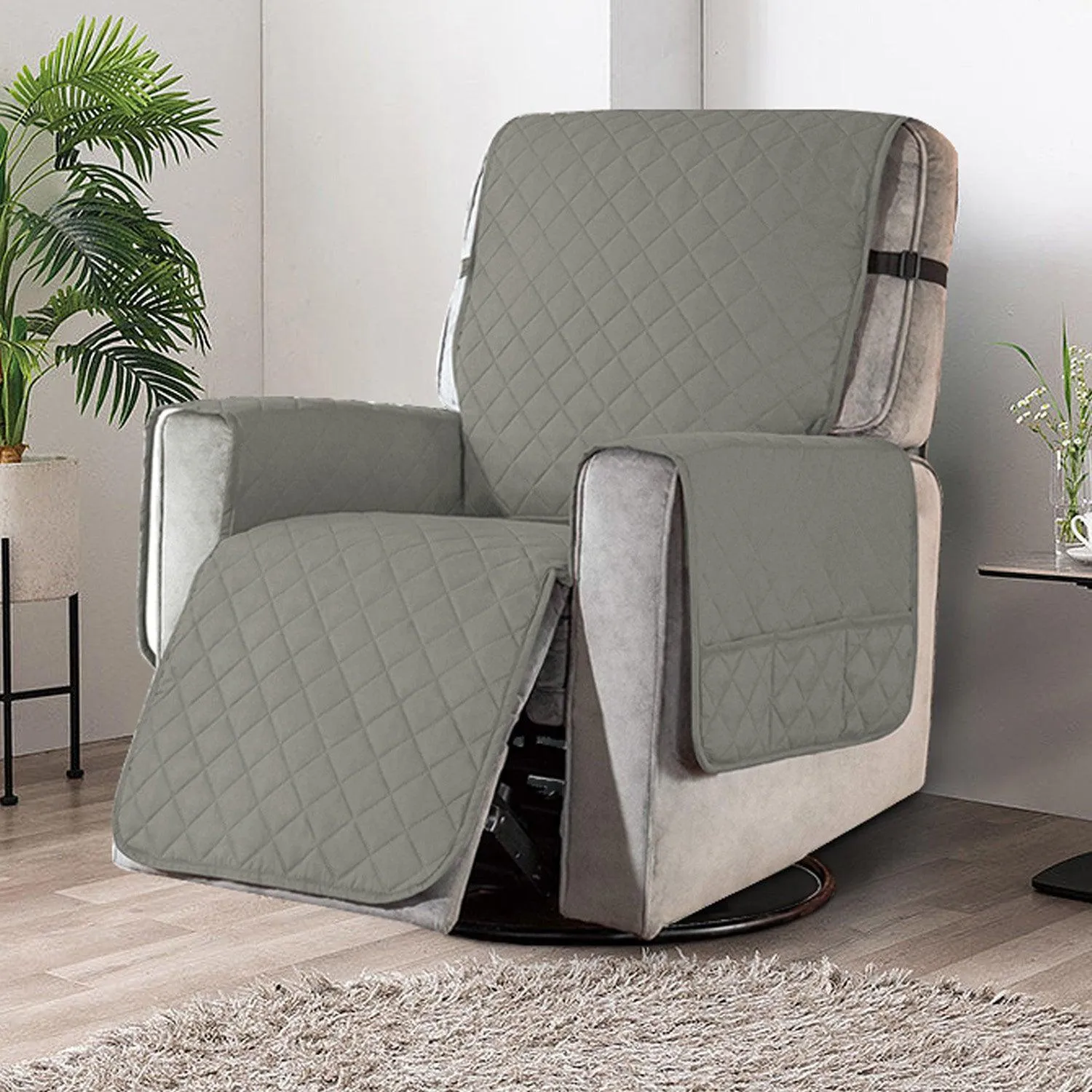 Quilted Recliner Chair Cover With Side Pockets for 1 Seater Sofa, Light Grey