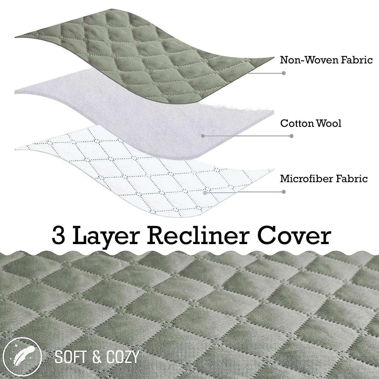 Quilted Recliner Chair Cover With Side Pockets for 1 Seater Sofa, Light Grey