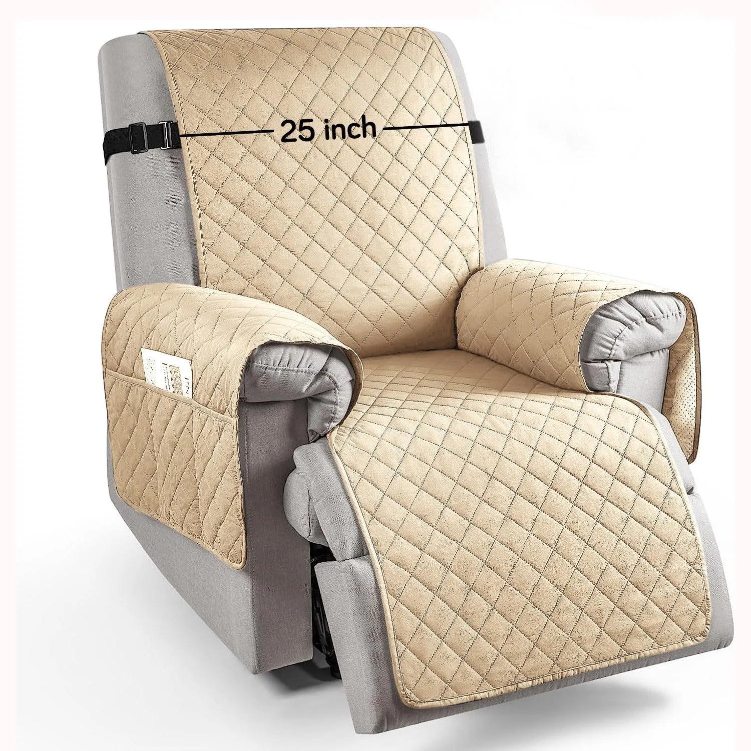 Quilted Recliner Chair Cover With Side Pockets for 1 Seater Sofa, Sand Brown