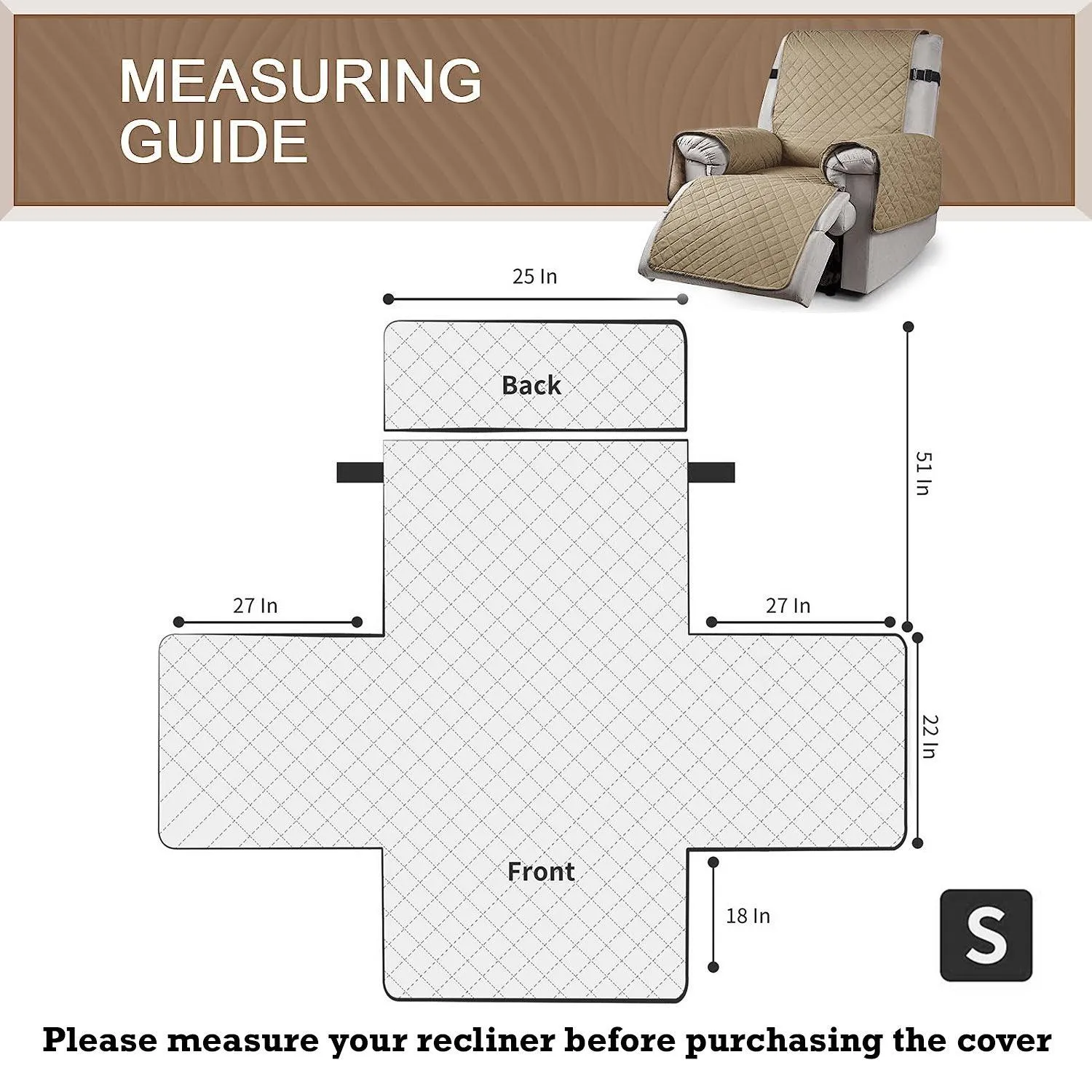 Quilted Recliner Chair Cover With Side Pockets for 1 Seater Sofa, Sand Brown