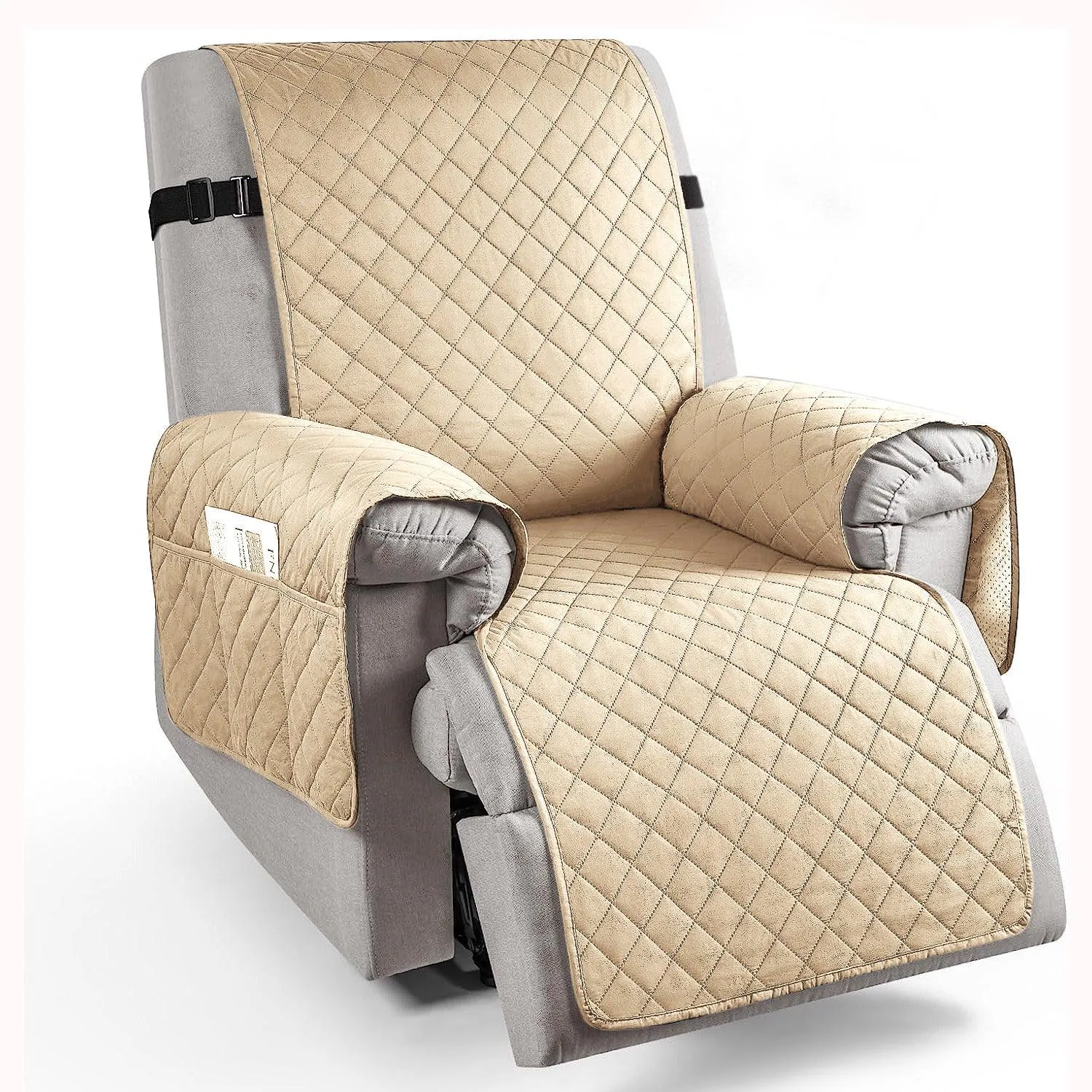 Quilted Recliner Chair Cover With Side Pockets for 1 Seater Sofa, Sand Brown